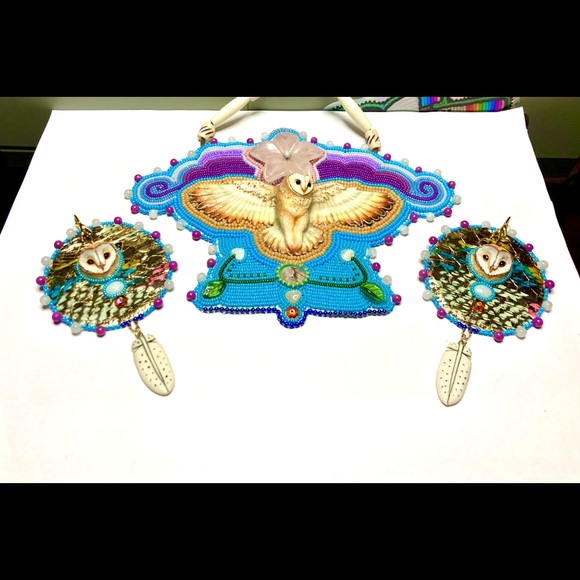 Beaded Beadwork Owl Necklace Earrings jewelry Set Opal Gemstone Bead Embroidery - Picture 2 of 10